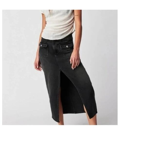 Free People We The Free Black Denim Madison Midi Slit Skirt Size 27 / Small - Picture 1 of 9